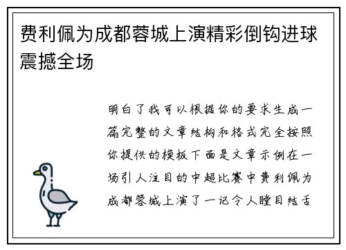 费利佩为成都蓉城上演精彩倒钩进球震撼全场